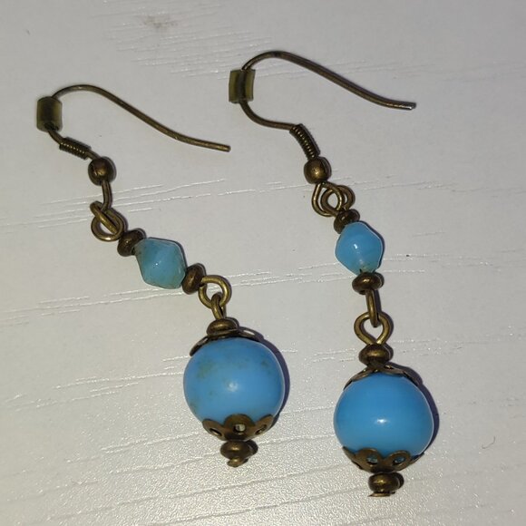 Azure Boho Earrings Dangles Hooks Beaded Blue Academia Anque Gold Metal Tone - Picture 1 of 5